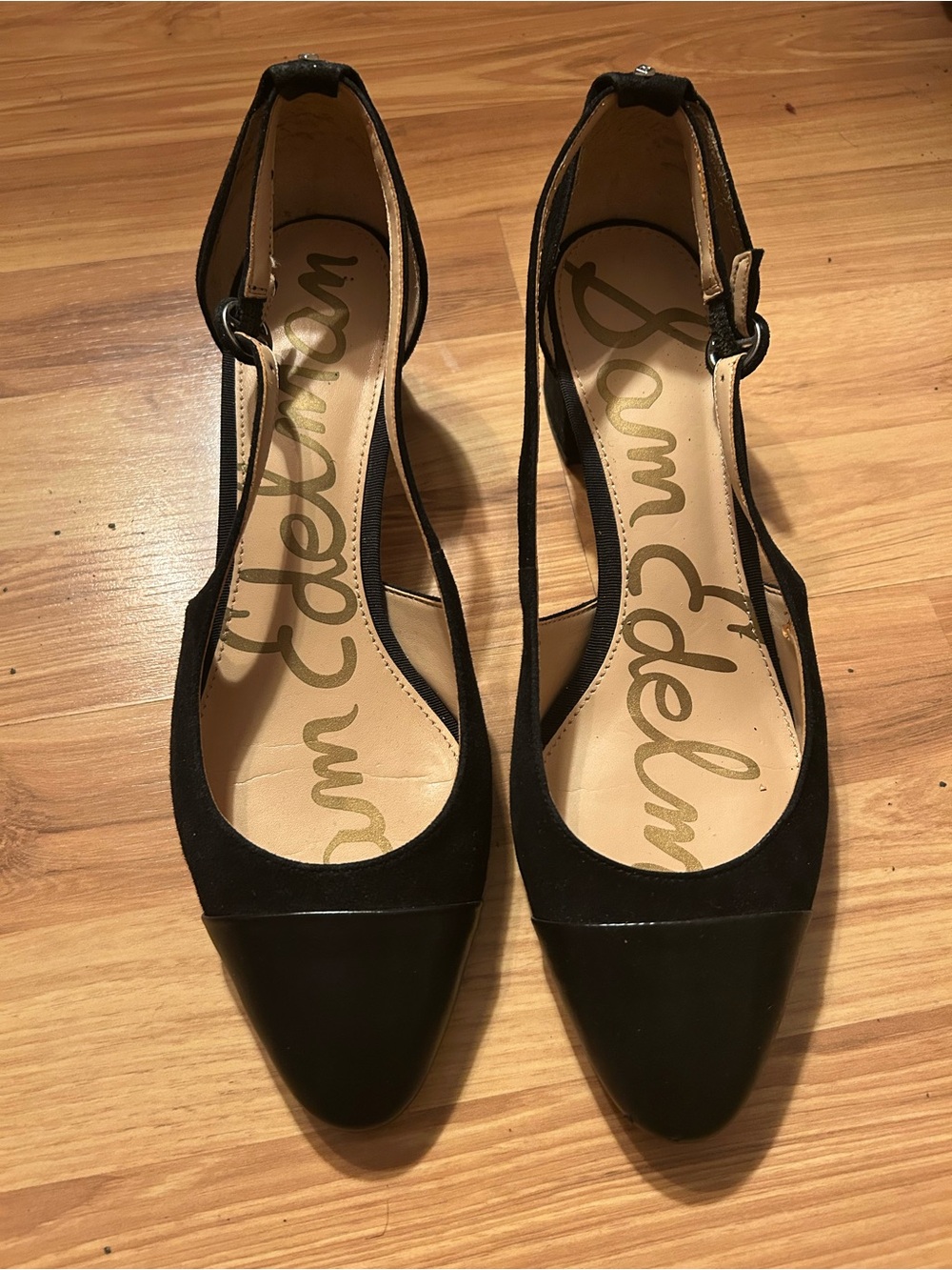 Sam Edelman Black Two-Tone Pointed D'Orsay low heel with Ankle Strap